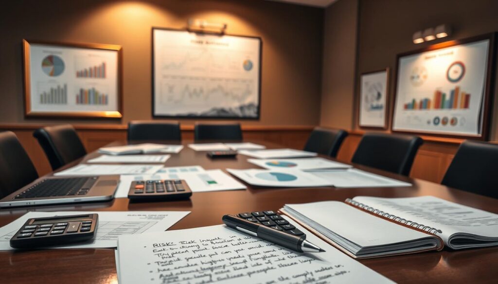 A boardroom table with financial reports, graphs, and a laptop computer. In the foreground, a calculator, a pen, and a notepad with handwritten risk assessment notes. On the walls, framed charts and diagrams depicting various risk factors. Soft, directional lighting illuminates the scene, creating a contemplative atmosphere. The overall mood is one of careful deliberation and analysis as insurance professionals evaluate the potential risks associated with a business.