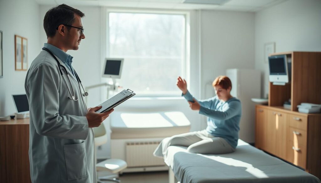 A bright, airy examination room with a large window illuminating a wooden desk and medical equipment. A professional-looking doctor stands in the foreground, clipboard in hand, as a patient sits calmly on an examination table, sleeves rolled up, preparing for vitals and medical tests. The room's atmosphere exudes a sense of trust and care, with subtle calming tones and clean, modern decor. Soft, natural lighting casts a warm glow, enhancing the clinical yet compassionate setting.