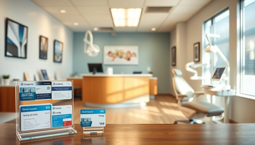 A bright, clean dental office interior with a receptionist desk, comfortable patient seating, and state-of-the-art dental equipment in the background. In the foreground, a clear acrylic display stands showcasing various dental insurance cards, brochures, and coverage details. The lighting is warm and inviting, creating a sense of professionalism and trust. The overall scene conveys a comprehensive, accessible, and affordable dental insurance experience for patients.