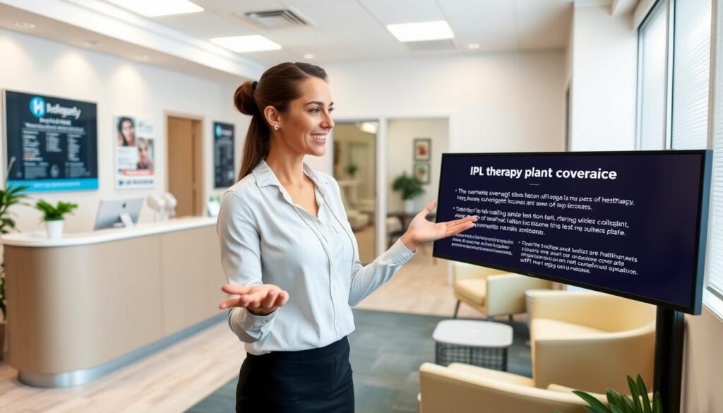 A bright, modern medical office interior with a receptionist's desk, comfortable seating, and informative displays. A professionally dressed woman is gesturing towards a screen showing healthcare plan details, highlighting IPL therapy coverage. Soft lighting illuminates the scene, creating a reassuring atmosphere. The room's layout and design convey a sense of professionalism and attention to patient needs. The image should emphasize the clarity and accessibility of insurance information related to IPL treatments.