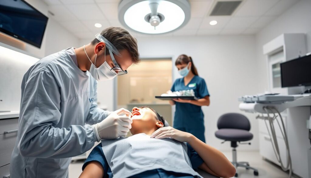 A brightly lit, modern dental clinic interior with an emergency patient in the foreground, reclined in the dentist's chair. The dentist, wearing scrubs and protective gear, is leaning over the patient, intently examining their mouth. In the middle ground, a nurse is preparing medical equipment on a tray, while the background features minimalist decor, clean white walls, and professional dental equipment. The scene conveys a sense of urgency and professionalism, with high-quality lighting and a crisp, clinical atmosphere.
