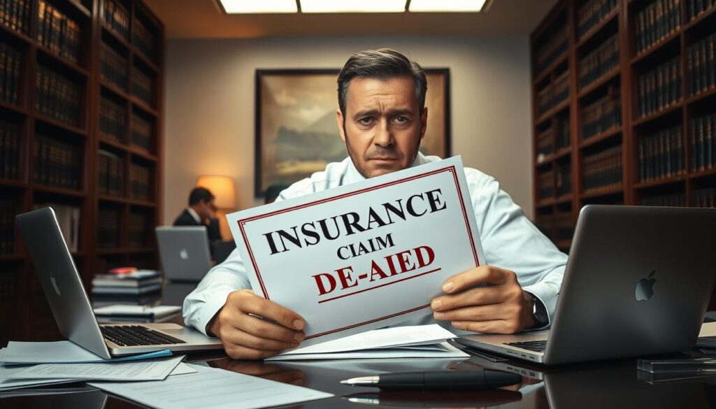 A businessman sitting at a desk, frustrated and holding a stamped document labeled "Insurance Claim Denial". The desk is cluttered with paperwork, a laptop, and a pen. The office has a dim, somber lighting, and the walls are lined with tall bookshelves filled with legal volumes. The businessman's expression conveys a sense of disappointment and financial strain. The atmosphere is one of bureaucratic obstruction and the struggle to navigate the complexities of the insurance system.