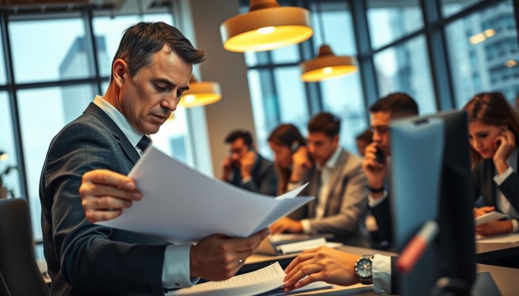 A bustling office scene captures the high-risk insurance application process. In the foreground, a businessman scrutinizes paperwork, his brow furrowed with concentration. Surrounding him, assistants type furiously at their desks, phones pressed to their ears. Warm lighting from overhead fixtures casts a professional glow, while the background reveals a towering skyscraper through large windows, symbolizing the high-stakes world of corporate risk management. An air of urgency and attention to detail permeates the space, reflecting the critical nature of securing comprehensive protection for high-risk businesses.