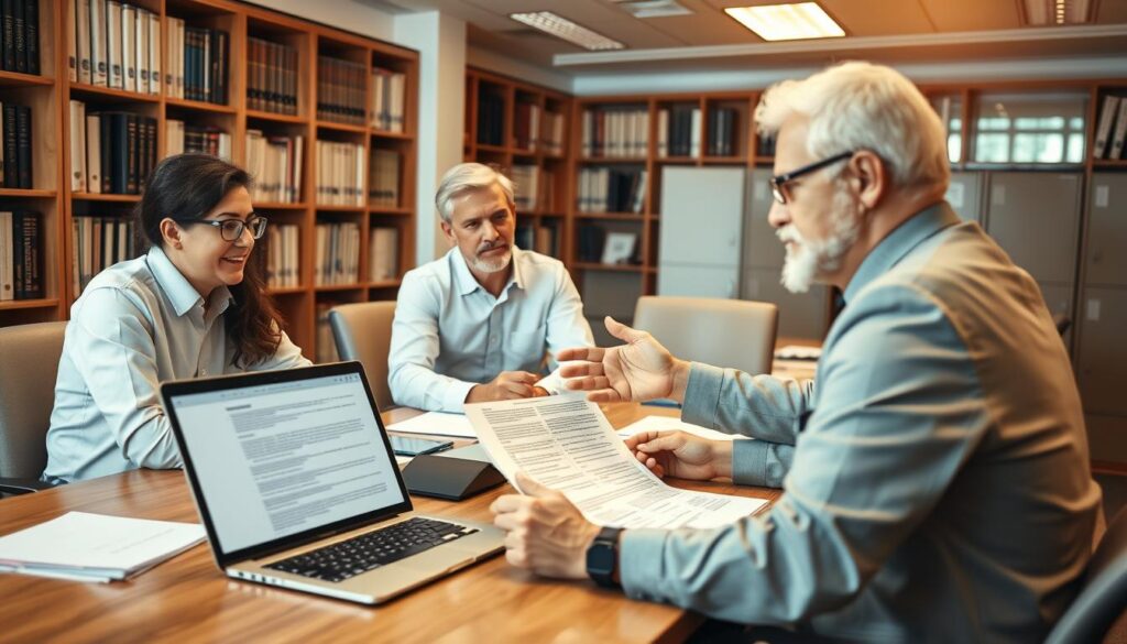 A bustling office setting, with a team of financial professionals gathered around a conference table, meticulously reviewing insurance documents and paperwork. The lighting is warm and inviting, casting a soft glow over the scene. Rows of bookshelves and filing cabinets line the walls, conveying a sense of expertise and attention to detail. In the foreground, a laptop displays a detailed insurance policy, while a senior advisor gestures animatedly, discussing the nuances of coverage and risk mitigation. The overall atmosphere is one of professionalism, trust, and a commitment to providing comprehensive insurance solutions.