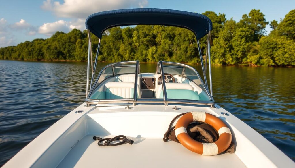 A classic white and blue recreational motorboat floating on the serene waters of a Mississippi lake, with lush green foliage lining the shoreline in the background. The boat's hull gleams in the warm afternoon sunlight, its polished exterior reflecting the cloudless sky above. The vessel's interior is visible through the windshield, showcasing the comfortable seats and dashboard controls. In the foreground, a life preserver and other safety equipment are neatly stored, conveying the importance of responsible boating and insurance coverage. The overall scene radiates a sense of tranquility and the joy of exploring Mississippi's waterways.