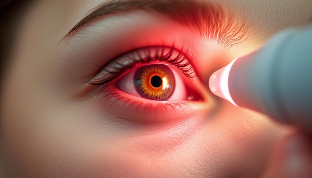 A close-up view of a human eye undergoing Intense Pulsed Light (IPL) therapy for dry eye relief. The eye is gently held open, with the IPL device positioned near the lash line, emitting a series of intense, controlled light pulses to target the meibomian glands and improve tear film quality. The lighting is soft and diffused, highlighting the delicate structure of the eye and creating a soothing, clinical atmosphere. The focus is sharp, capturing the detail of the eye and the IPL device with precision, conveying the professionalism and care involved in this therapeutic procedure.