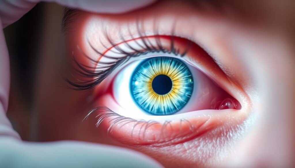A close-up view of an eye undergoing intense pulsed light (IPL) therapy for dry eye treatment. The eye is gently held open, revealing the intricate structure of the iris and pupil. The skin around the eye is lightly flushed, indicating the targeted application of the IPL energy. The lighting is soft and directional, creating subtle shadows that accentuate the eye's contours. The background is blurred, keeping the focus on the delicate eye procedure. The overall mood is one of clinical precision and care, reflecting the importance of this specialized treatment for improving ocular health.
