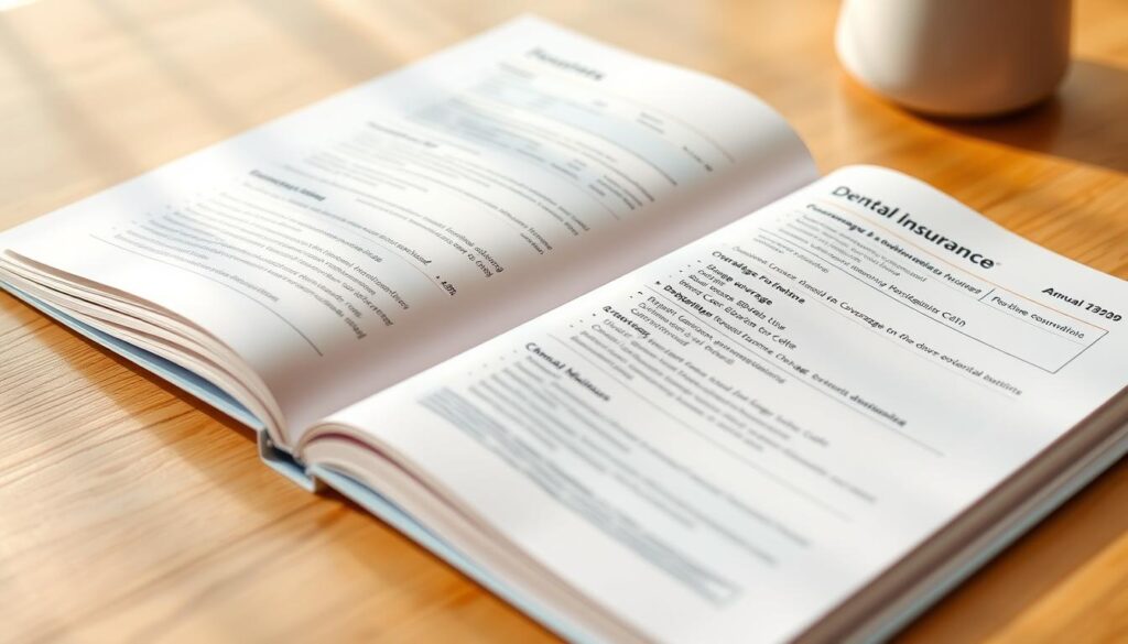 A close-up view of an open dental insurance plan booklet resting on a wooden desk, illuminated by soft, natural lighting. The pages display detailed coverage information, including coverage percentages for various procedures, deductibles, and annual maximums. The image conveys a sense of transparency and clarity, encouraging the viewer to explore the specifics of their dental insurance benefits.