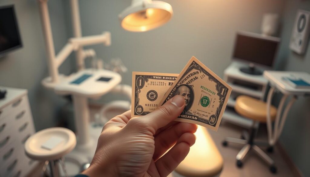 A closeup view of a person's hand holding a dollar bill, with a dentist's chair and medical equipment in the blurred background. The lighting is soft and warm, casting a subtle glow on the foreground. The composition emphasizes the financial burden of dental care, with the dollar bill representing the high cost. The atmosphere conveys a sense of concern and the need for immediate attention, reflecting the importance of timely dental treatment.