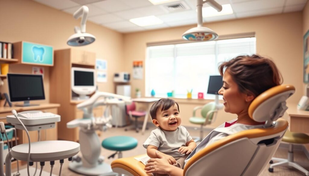 A colorful, detailed image of a pediatric dental office, with a bright, cheerful atmosphere. In the foreground, a small child sits in a specialized dental chair, receiving gentle, attentive care from a friendly dentist. The middle ground showcases various dental equipment and tools, neatly arranged, conveying a sense of professionalism and expertise. The background features a warm, inviting waiting area with interactive educational displays, encouraging parents and children to learn about the importance of oral health. The lighting is soft and natural, highlighting the medical setting while maintaining a comforting ambiance. The overall scene evokes a positive, reassuring experience for families seeking age-appropriate dental care.