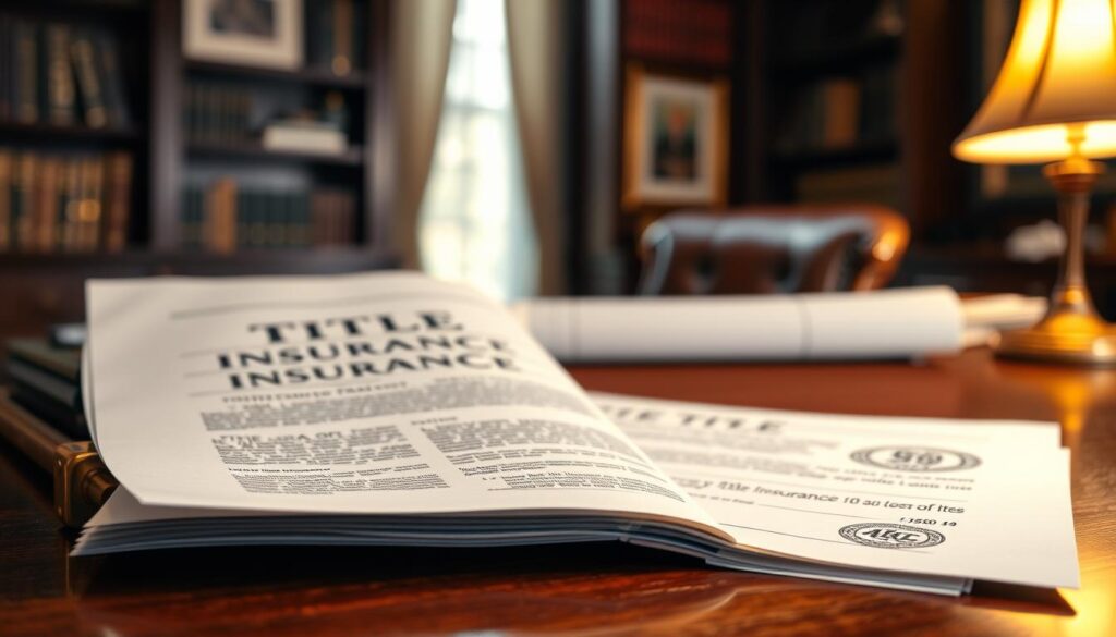 A crisp, high-resolution image of a title insurance policy document laid out on a mahogany desk. The policy is opened, revealing intricate legal text and official seals. Soft, warm lighting from a nearby table lamp casts a cozy glow, creating a sense of importance and gravity. The foreground is in sharp focus, with the policy taking center stage. The background is slightly blurred, showcasing an elegant office setting with bookshelves and framed art on the walls. The overall tone is one of professionalism, reliability, and the significance of making the right financial decision.