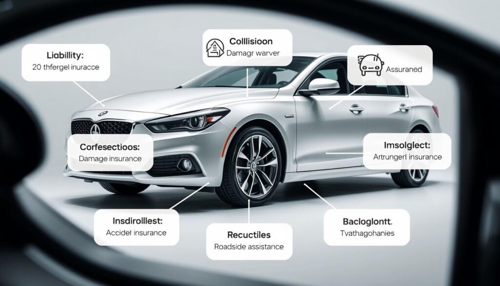 A detailed and informative visual representation of the various types of car rental insurance coverage. A well-lit, high-resolution image showcasing a clean, modern car with multiple insurance icons and labels overlaid on the vehicle, highlighting the different coverage options such as liability, collision damage waiver, personal accident insurance, and roadside assistance. The composition should convey a sense of clarity and professionalism, with a focus on effectively communicating the key information to the viewer. The background should be simple and uncluttered, allowing the car and insurance details to take center stage.