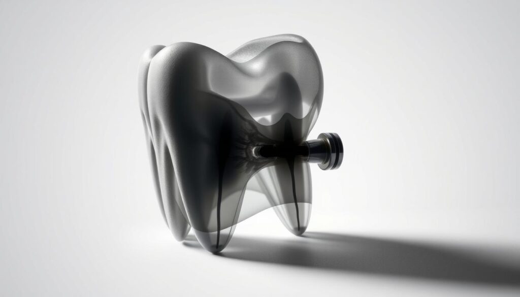 A detailed closeup of a dental x-ray depicting the internal structure of a molar tooth with a root canal procedure. The image is rendered in a realistic, high-resolution style with careful attention to anatomical accuracy and technical details. The tooth is lit from the side, casting dramatic shadows that reveal the intricate canals and pulp chamber. The background is a clean, neutral gray to focus attention on the central subject. An aura of clinical precision and medical expertise pervades the scene, conveying the specialized nature of this dental treatment.