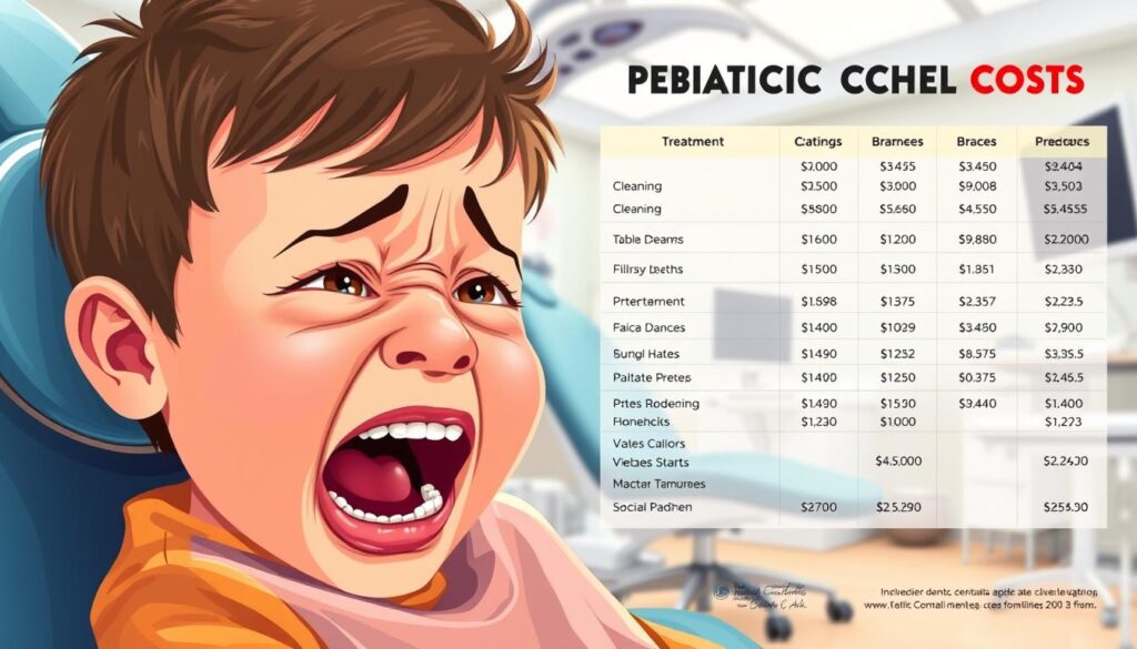 A detailed, colorful illustration of pediatric dental care costs. In the foreground, a young child sits in a dentist's chair, their mouth open wide as a dentist examines their teeth. The child's expression conveys a mix of nervousness and discomfort. In the middle ground, a large, detailed cost breakdown chart displays the various treatments and associated expenses, such as cleanings, fillings, and braces. The background showcases a modern, well-equipped dental office, with clean, bright lighting and sleek medical equipment. The overall mood is one of concern and the high financial burden of pediatric dental care, particularly for families without insurance coverage.