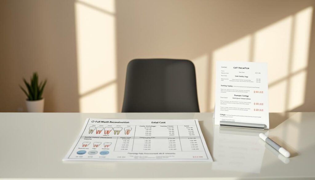 A detailed cost breakdown of a full mouth reconstruction procedure, displayed on a sleek, modern desk with a minimalist aesthetic. The foreground features a central dental chart showcasing the various components of the reconstruction, such as dental implants, crowns, bridges, and veneers, each with a clear price tag. The middle ground shows a medical document with the estimated total cost, payment plans, and insurance coverage information, all presented in a clean, organized layout. The background is a soft, neutral-toned environment, casting a warm, professional ambiance that emphasizes the importance and gravity of the subject matter. The lighting is natural and diffused, creating depth and highlighting the key elements. The overall mood is informative, authoritative, and visually appealing, guiding the viewer through the intricate financial considerations of a full mouth reconstruction.