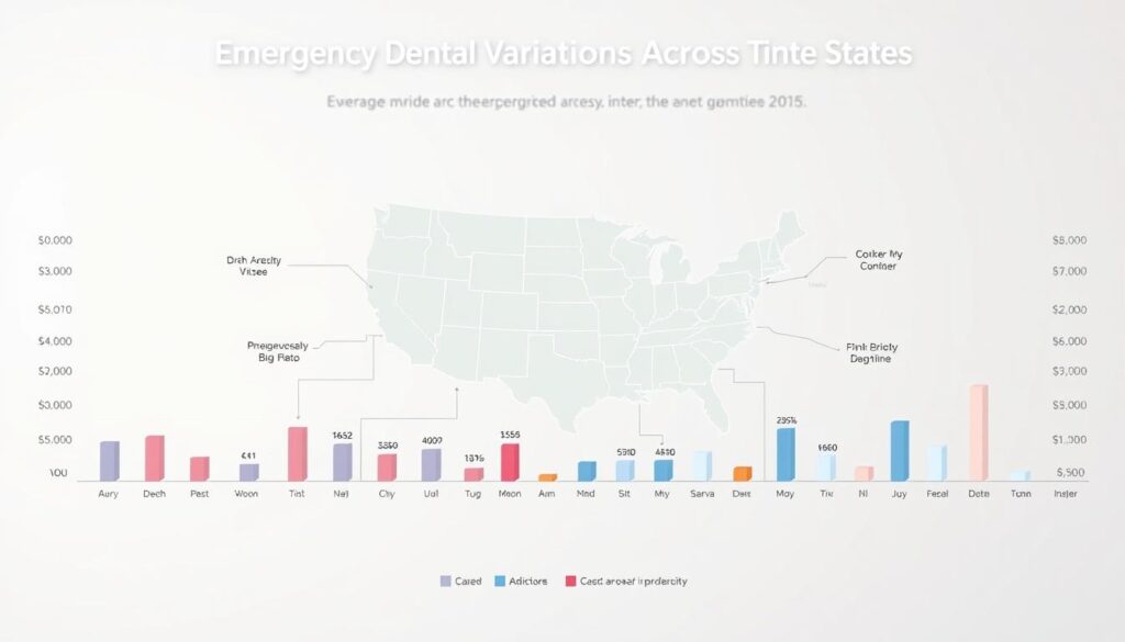 A detailed data visualization depicting the regional variations in emergency dental costs across the United States. A clean, minimalist layout with a color-coded map at the center, surrounded by bar graphs showcasing the average prices for common emergency dental procedures in major cities. Soft, muted tones create a professional, informative atmosphere. Crisp, high-resolution rendering with a shallow depth of field, emphasizing the data points. Carefully crafted to convey the nuances of emergency dental pricing without distractions, perfectly suited to accompany the "Regional Cost Variations Across the United States" section of the article.