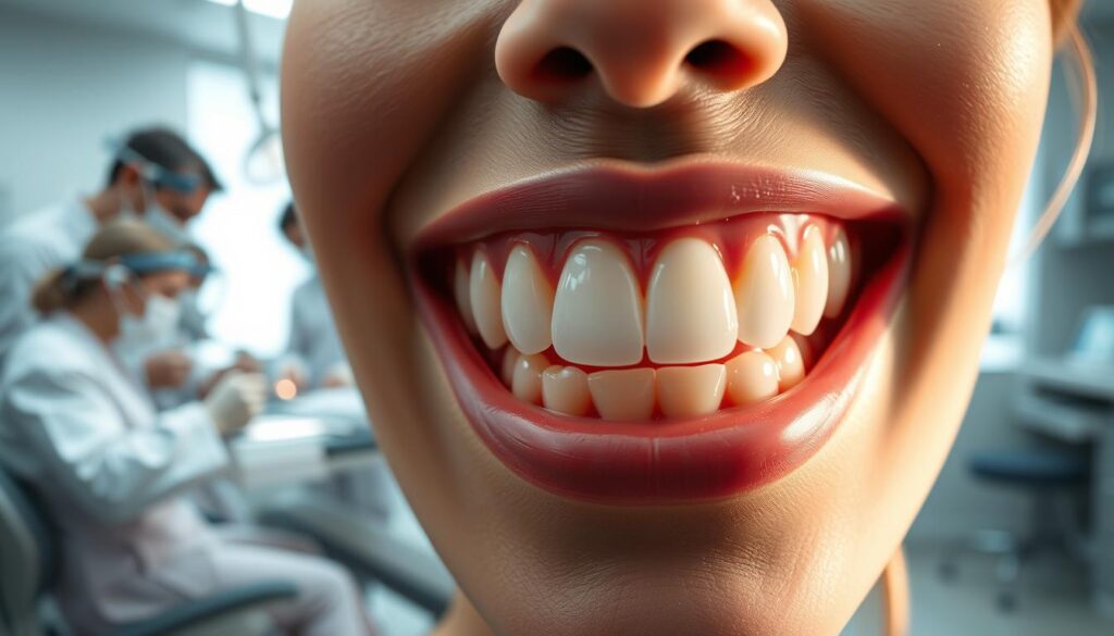 A detailed, high-quality rendering of a full mouth reconstruction procedure, showcasing the benefits and precision of this dental treatment. The foreground depicts a close-up view of a healthy, vibrant smile with perfectly aligned, natural-looking teeth. The middle ground features a team of skilled dentists and dental technicians meticulously working on the reconstruction, using state-of-the-art tools and techniques. The background offers a serene, calming atmosphere with soft lighting and a clean, modern dental office setting. The overall scene conveys the transformative power of a full mouth reconstruction, highlighting the confidence and well-being it can bring to the patient.