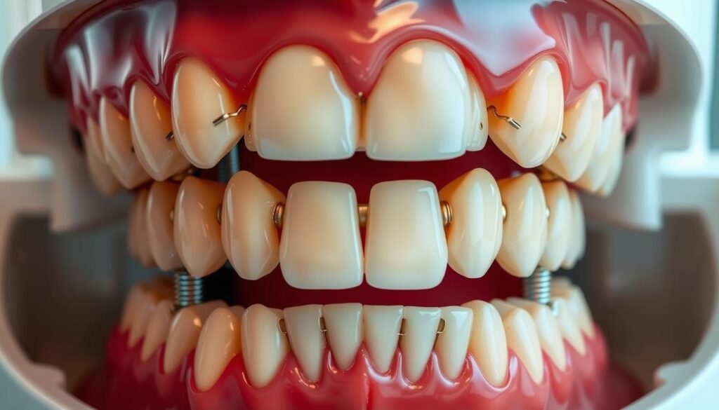 A detailed, high-resolution close-up of a complete set of healthy, natural-looking adult teeth undergoing a full mouth reconstruction procedure. The teeth are shown in a well-lit, clinical setting, with a clear view of the various stages of the dental work, such as tooth extractions, dental implants, crowns, and fillings. The image conveys a sense of precision, professionalism, and care, reflecting the expertise and attention to detail required for a comprehensive oral rehabilitation. The overall atmosphere is calm, sterile, and focused, providing a clear visual representation of the "Understanding Full Mouth Reconstruction" section of the article.