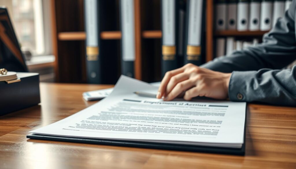 A detailed, high-resolution image of employment practices liability insurance policy, featuring a professional-looking contract document placed on a wooden desk. The document is well-lit, with a warm, natural light source illuminating its contents. In the middle ground, a pair of hands carefully reviewing the paperwork, conveying a sense of thoughtful consideration. In the background, a bookshelf with related insurance materials creates a professional, authoritative atmosphere. The overall scene exudes a tone of financial security and protection, reflecting the importance of this type of insurance in safeguarding one's financial well-being.