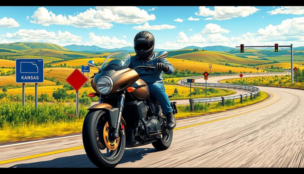A detailed illustration of Kansas motorcycle laws, captured in a vibrant, realistic style. In the foreground, a sleek motorcycle navigates a winding road, its rider donning a DOT-approved helmet. The middle ground showcases road signs and traffic signals, conveying the legal requirements for operating a motorcycle in Kansas. In the background, a scenic landscape of rolling hills and vibrant greenery sets the stage, evoking the expansive terrain of the state. The image is illuminated by warm, natural sunlight, creating a sense of clarity and purpose. The overall composition emphasizes the importance of safety and compliance with Kansas motorcycle regulations.