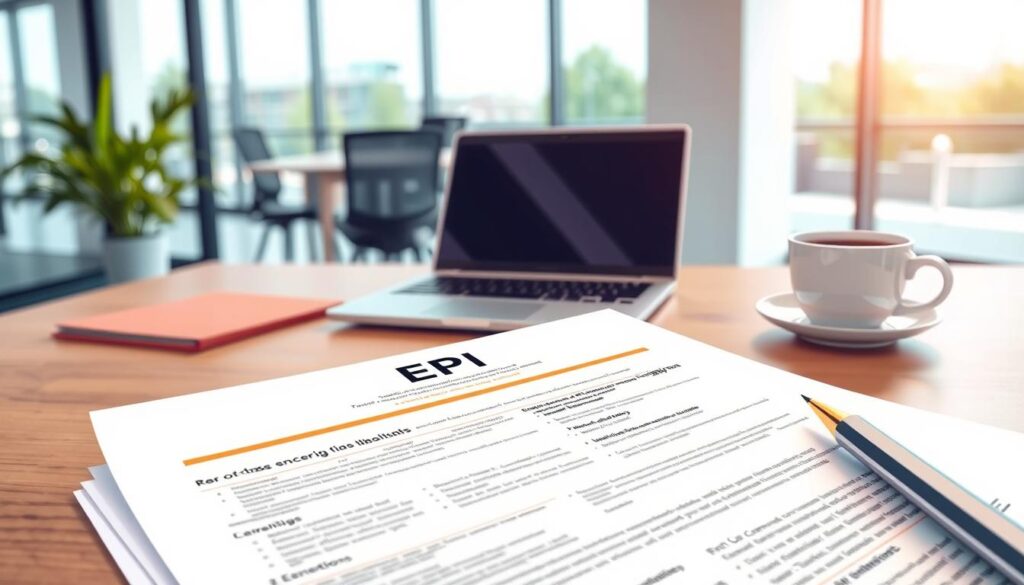 A detailed illustration of an EPI (Employer-Provided Insurance) policy document in a modern, corporate setting. The foreground features the policy pages with clear visuals of coverage details, deductibles, and plan highlights. The middle ground showcases an office desk with a laptop, pen, and a cup of coffee, creating a professional workspace atmosphere. The background depicts a contemporary office interior with large windows, providing ample natural lighting and a sense of transparency. The overall mood is one of informative clarity, emphasizing the importance of understanding the intricacies of EPI coverage for personal financial and health protection.