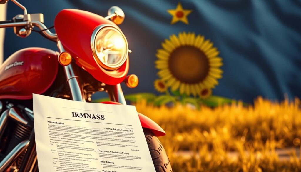 A detailed illustration of motorcycle insurance in Kansas, captured in a crisp, photorealistic style. In the foreground, a vibrant red motorcycle commands attention, its sleek lines and chrome accents gleaming under a warm, golden light. In the middle ground, a close-up of an insurance policy document, the text legible and clear, providing a sense of the comprehensive coverage options available. The background depicts the Kansas state flag, its distinct sunflower motif symbolizing the rugged and pastoral landscapes that riders will traverse, emphasizing the importance of robust insurance protection in this scenic, Midwestern setting. The overall atmosphere conveys a sense of security, adventure, and the peace of mind that comes with responsible motorcycle ownership in the state of Kansas.