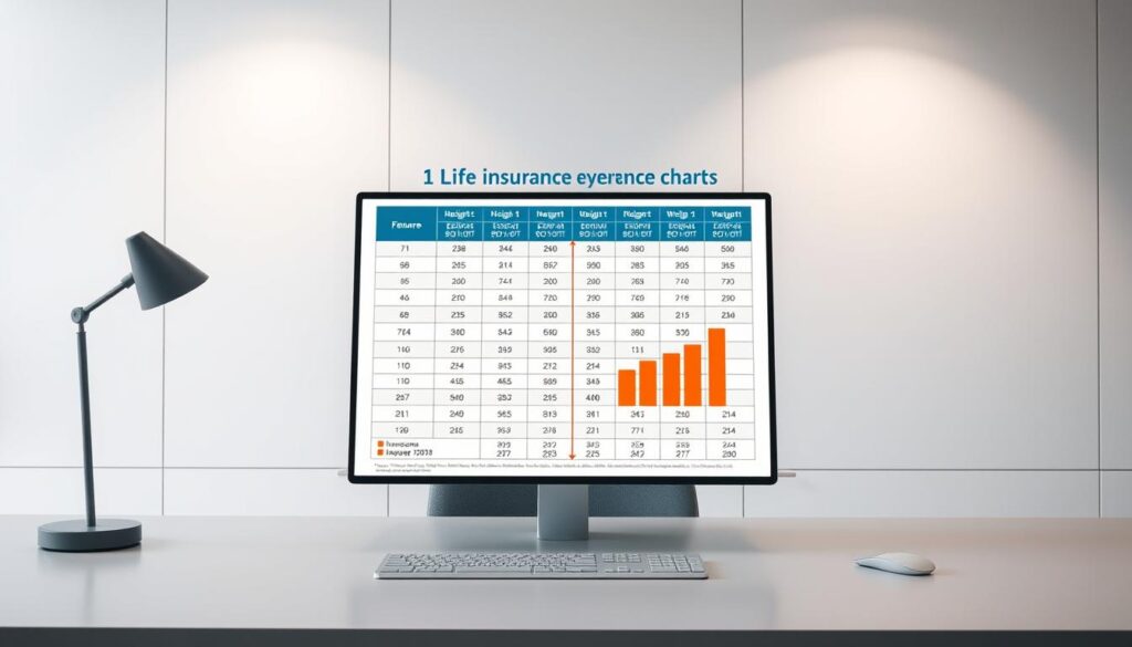 A detailed, informative life insurance height and weight chart displayed on a sleek, modern office desk. The chart presents a clear visualization of the correlation between body metrics and insurance rates, framed against a backdrop of minimalist corporate decor - neutral tones, clean lines, and subdued lighting that emphasizes the professionalism and authority of the subject matter. The chart itself is rendered with crisp, legible typography and intuitive data visualization, inviting the viewer to engage with the critical role of physical characteristics in determining life insurance coverage and premiums.