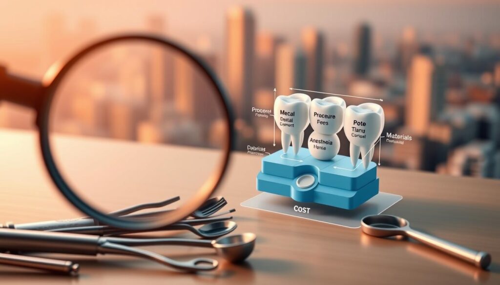 A detailed, technical illustration of key factors affecting pediatric dental costs. In the foreground, a magnifying glass hovers over various dental instruments, emphasizing their importance. In the middle ground, a 3D diagram showcases different cost components like procedure fees, anesthesia, and materials. The background features a softly blurred cityscape, suggesting the broader healthcare landscape. Warm, muted lighting creates a professional, informative atmosphere. Captured with a DSLR camera using a shallow depth of field to focus attention on the central elements.