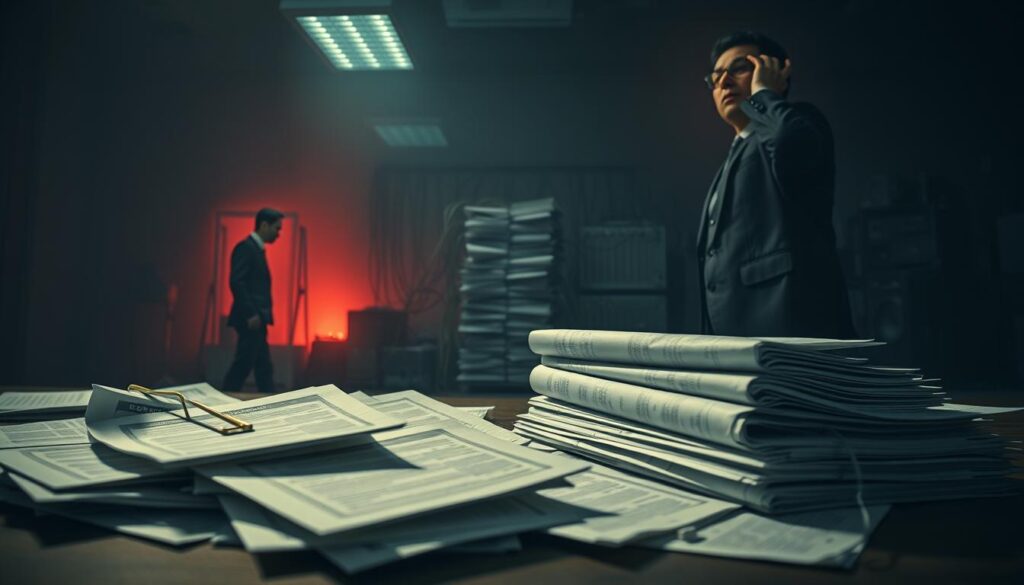 A dimly lit corporate office, the air thick with tension. In the foreground, a stack of insurance policies lies scattered, their contents spilling forth like a cautionary tale. A lone businessman stands, his face etched with worry, surrounded by ominous shadows that seem to encroach upon his every move. The middle ground reveals a looming tower of unread documents, a testament to the complexities of navigating the world of high-risk business insurance. In the background, a maze of tangled cables and outdated equipment casts an ominous glow, hinting at the consequences of inadequate coverage. Soft, somber lighting sets the mood, a cautionary tale unfolding in stark contrast to the sleek, modern aesthetic typically associated with the corporate landscape.
