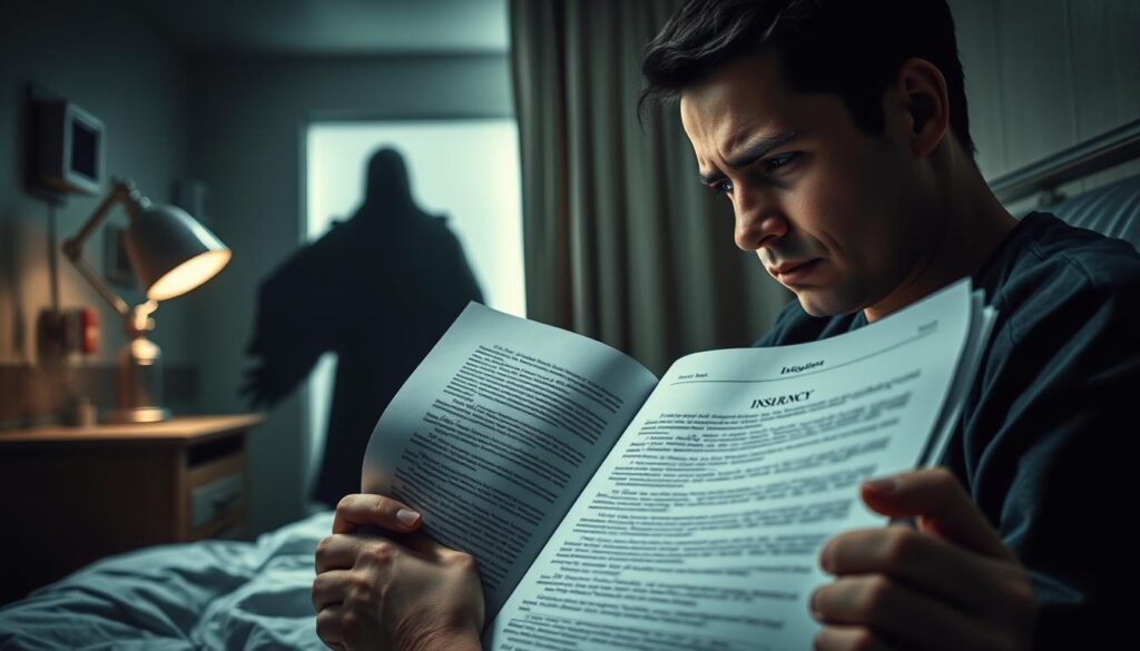 A dimly lit hospital room, the air thick with the scent of sterility. On the bedside table, an insurance policy lies open, its fine print illuminated by the soft glow of a lamp. A pensive figure, their face obscured, contemplates the document, their brow furrowed with concern. In the background, a shadowy figure, representing the insurance company, looms large, its presence foreboding. The scene conveys the tension and uncertainty surrounding the limitations and exclusions of the patient's health coverage, a critical aspect of the "Epi Insurance: Protecting Your Health and Finances" article.