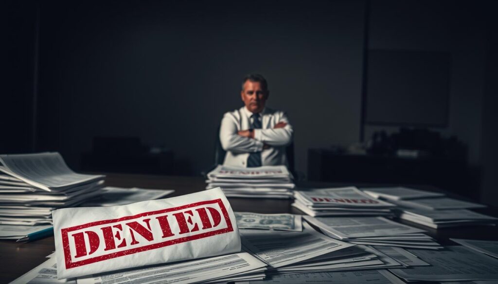 A dimly lit office space, a large imposing desk in the foreground, papers and files strewn about haphazardly. On the desk, a stack of denied insurance claim forms, each with a large red stamp of "DENIED" emblazoned across them. In the middle ground, a lone insurance agent sitting with a stern, unyielding expression, arms crossed, conveying a sense of bureaucratic indifference. The background is hazy, with a sense of unease and frustration permeating the scene. Dramatic lighting casts long shadows, creating a somber, oppressive atmosphere, reflecting the disappointment and financial strain experienced by the hypothetical claimant.