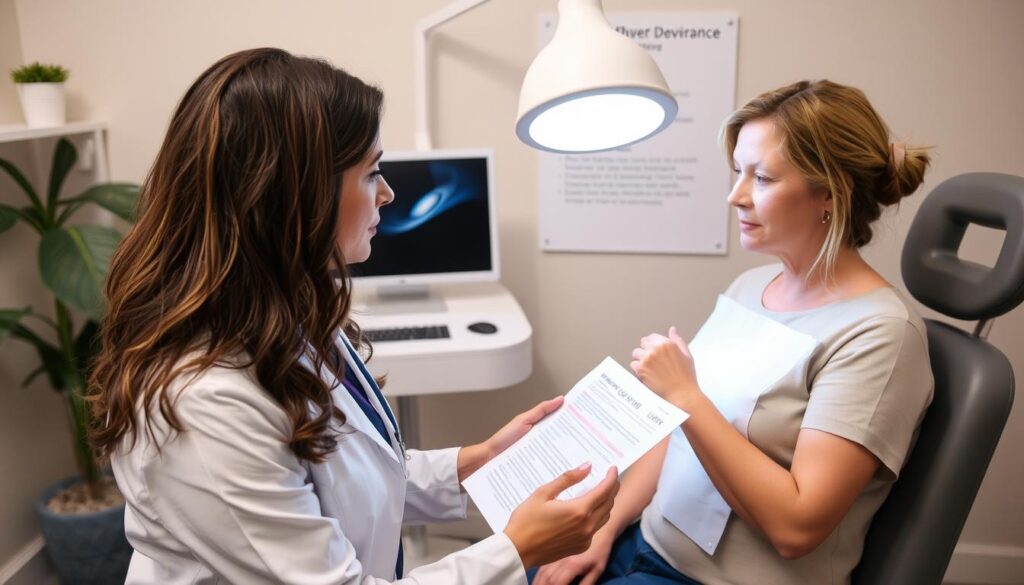 A healthcare professional explaining IPL insurance coverage to a patient.