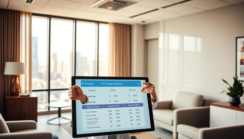 A high-quality medical office interior with modern furnishings and neutral color palette. In the foreground, a professional financial advisor gestures towards a touchscreen display showcasing IPL therapy cost options and payment plans. Behind them, a large window overlooks a bustling cityscape. Soft, natural lighting filters through, creating a warm, serene atmosphere. The decor is sophisticated yet approachable, conveying a sense of trust and expertise. The overall scene suggests a comfortable, consultative environment where patients can explore flexible financial solutions for their IPL treatment needs.