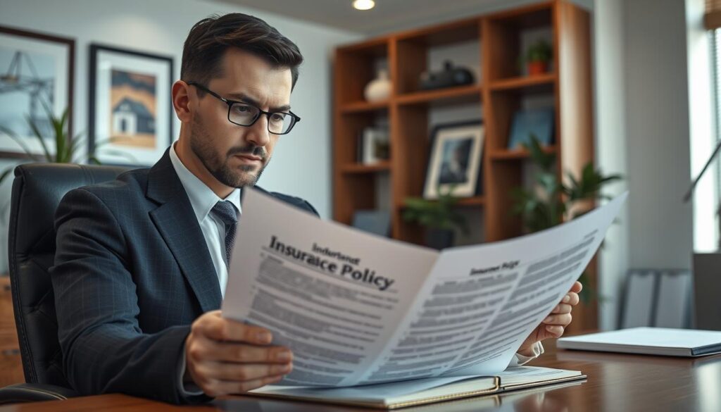 A high-resolution, photorealistic image of a person reviewing an insurance policy document, sitting at a desk in a well-lit, professional office environment. The person's facial expression conveys concentration and focus. The policy document is prominently displayed, with clear details and text visible. The background features subtle office decor such as framed artwork, bookshelves, and potted plants, creating a sense of a professional, corporate setting. The lighting is soft and evenly distributed, with a slight directional light source to create depth and dimension. The overall tone is one of authority, trust, and attention to detail, reflecting the subject of understanding policyholder rights.