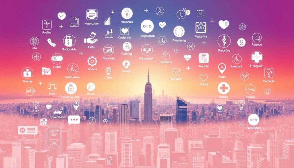 A large and vibrant illustration depicting a comprehensive set of health insurance coverage benefits. In the foreground, a diverse array of medical icons and symbols hover in an intricate, organized layout, representing various coverage elements like hospitalization, doctor visits, prescription drugs, and preventive care. The middle ground features a panoramic cityscape with a modern, sleek aesthetic, suggesting a sense of security and protection. In the background, a warm, diffused lighting illuminates the scene, creating a calming, reassuring atmosphere. The overall composition conveys a clear, visually striking depiction of the extensive coverage provided by the Health Guard Insurance plan.