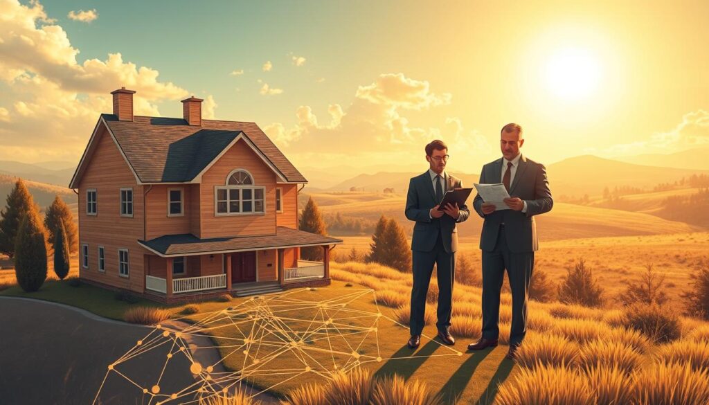 A majestic, meticulously-detailed illustration depicting enhanced title insurance protection. In the foreground, a sturdy, expansive home stands tall, its foundation secured by a robust, intricate web of legal safeguards. In the middle ground, a team of diligent professionals, adorned in formal attire, carefully examines documents, ensuring every clause and fine print is thoroughly scrutinized. The background is a serene, sun-dappled landscape, representing the peace of mind that comes with comprehensive coverage. Warm, golden lighting suffuses the scene, conveying a sense of security and reliability. The composition is masterfully balanced, with clean lines and a harmonious interplay of shapes and textures, creating an image that exudes professionalism and trustworthiness.