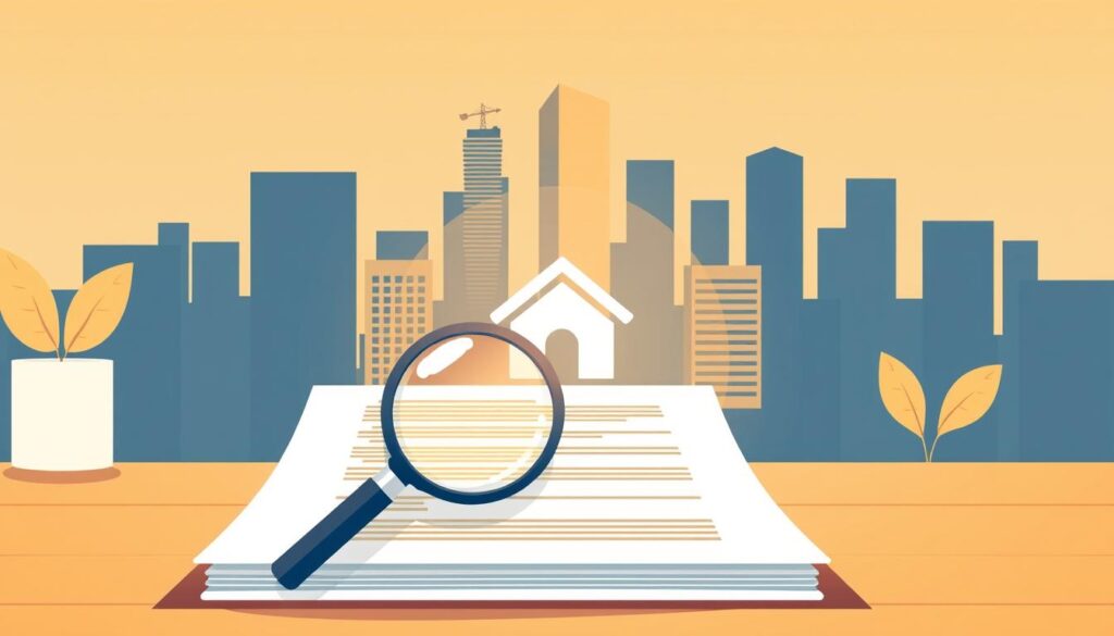 A modern, minimal illustration showcasing the fundamental concepts of title insurance. In the foreground, a stack of legal documents with a magnifying glass examining the details. In the middle ground, a stylized house icon symbolizing real estate ownership. In the background, a cityscape skyline with towering skyscrapers, conveying the importance of securing property rights. The scene is illuminated by warm, golden lighting, creating a sense of trustworthiness and security. The overall composition is clean, elegant, and professional, emphasizing the core principles of title insurance.