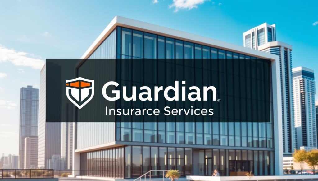A modern, minimalist logo design for "Guardian Insurance Services" prominently displayed in the foreground, featuring a stylized icon of a shield or guardian representing the company's identity. The middle ground showcases a sleek, contemporary office building with clean architectural lines and large windows, conveying a sense of professionalism and reliability. The background depicts a city skyline with towering skyscrapers and a blue, cloudless sky, creating a vibrant and prosperous setting. The overall composition is well-balanced, with a warm, inviting color palette and soft, directional lighting that highlights the company's branding and visual identity.