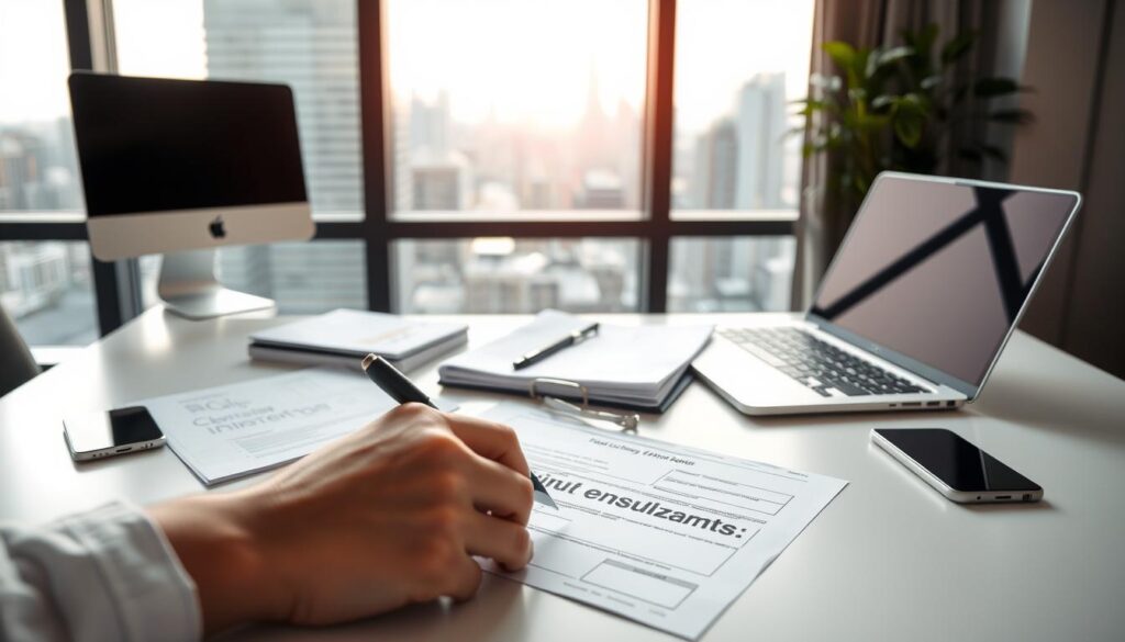 A modern, minimalist office setting with a desk, laptop, paperwork, and a smartphone. In the foreground, a hand is filling out a claims form on the desk. The middle ground features a stack of insurance documents and a document folder. In the background, a window offers a view of a bustling city skyline, softly illuminated by the warm glow of natural light. The atmosphere conveys a sense of productivity, professionalism, and attention to detail in the claims process.