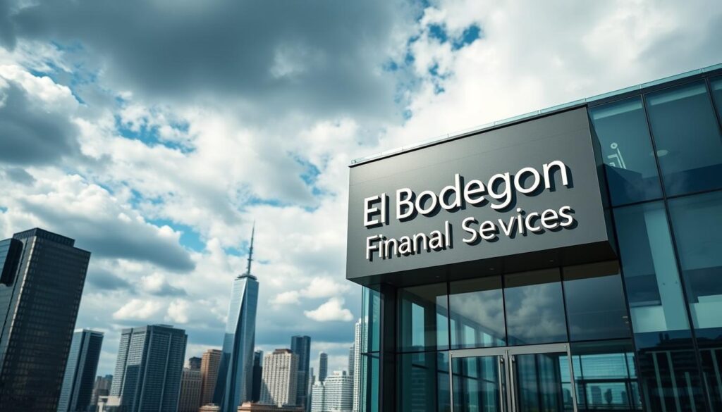 A modern, sleek office building with a prominent sign reading "El Bodegon Insurance Financial Services" in a minimalist font. The facade is made of glass and steel, giving it a professional, high-end appearance. The building is set against a backdrop of a bustling city skyline, with skyscrapers and a vibrant, cloudy sky. The lighting is bright and directional, casting dramatic shadows and highlights on the building's architecture. The overall scene conveys a sense of reliability, expertise, and innovation in the insurance and financial services industry.