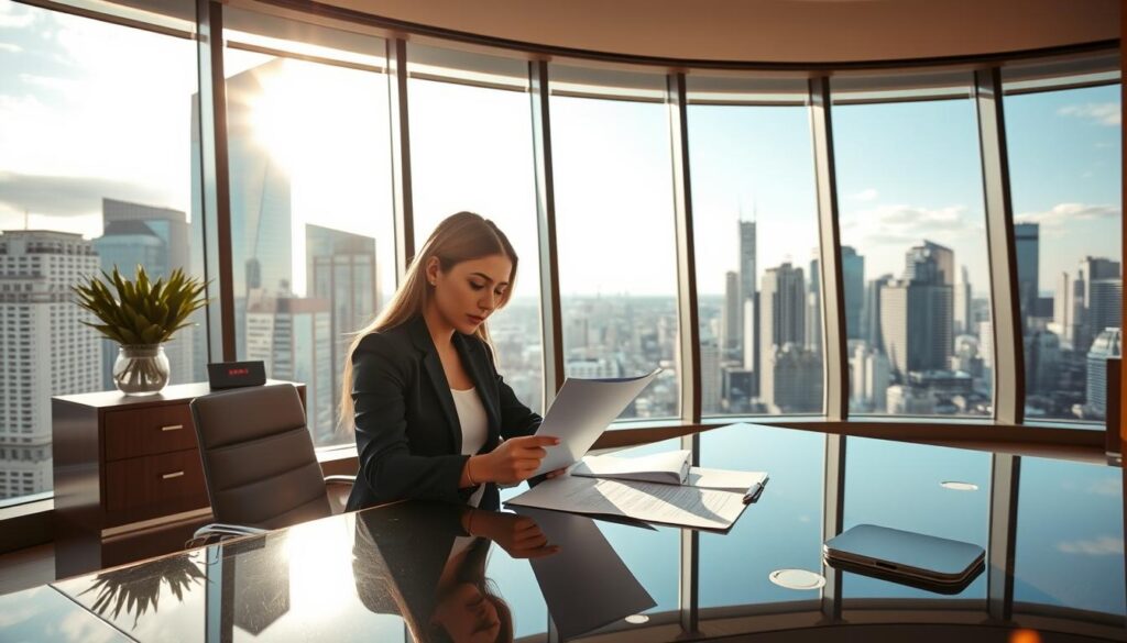 A modern, upscale office interior with a large panoramic window overlooking a bustling city skyline. In the foreground, a stylish businesswoman sits at a sleek, glass-topped desk, intently studying documents related to car accident compensation. The lighting is warm and natural, filtering in through the window and casting a glow on the polished wood and chrome accents. The atmosphere conveys a sense of professionalism, expertise, and attention to detail befitting a legal consultation on insurance claims. The overall impression is one of authority, confidence, and the ability to navigate the complexities of the car accident compensation process.
