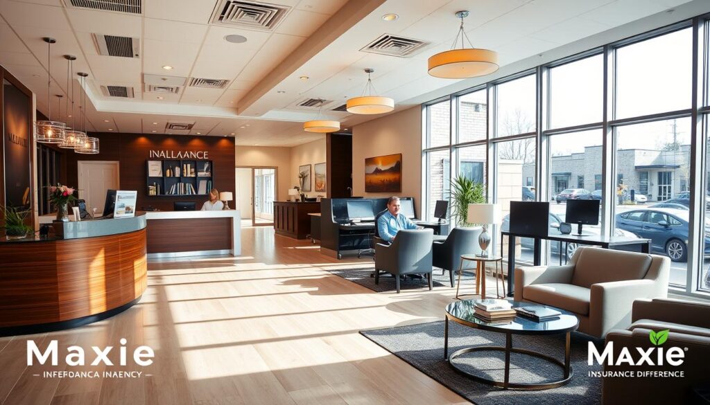 A modern, well-appointed insurance agency, its spacious interior flooded with warm, natural light streaming through large windows. A welcoming reception area with comfortable seating and elegant decor sets the tone. In the background, agents work diligently at their desks, providing personalized attention to clients. Subtle branding elements, such as the company logo and color scheme, are artfully incorporated throughout the space, instilling a sense of professionalism and reliability. The overall atmosphere conveys a commitment to exceptional customer service and tailored insurance solutions, reflecting the "Maxie Insurance Difference."