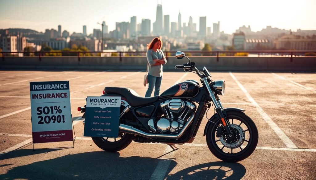 A motorcycle parked in a sunny, well-lit parking lot, with various insurance-related discount posters and signage in the foreground. In the middle ground, a person in casual attire stands examining the motorcycle, considering the discounts. The background features a city skyline, suggesting an urban setting. The lighting is warm and inviting, creating a sense of accessibility and affordability for the motorcycle insurance discounts.