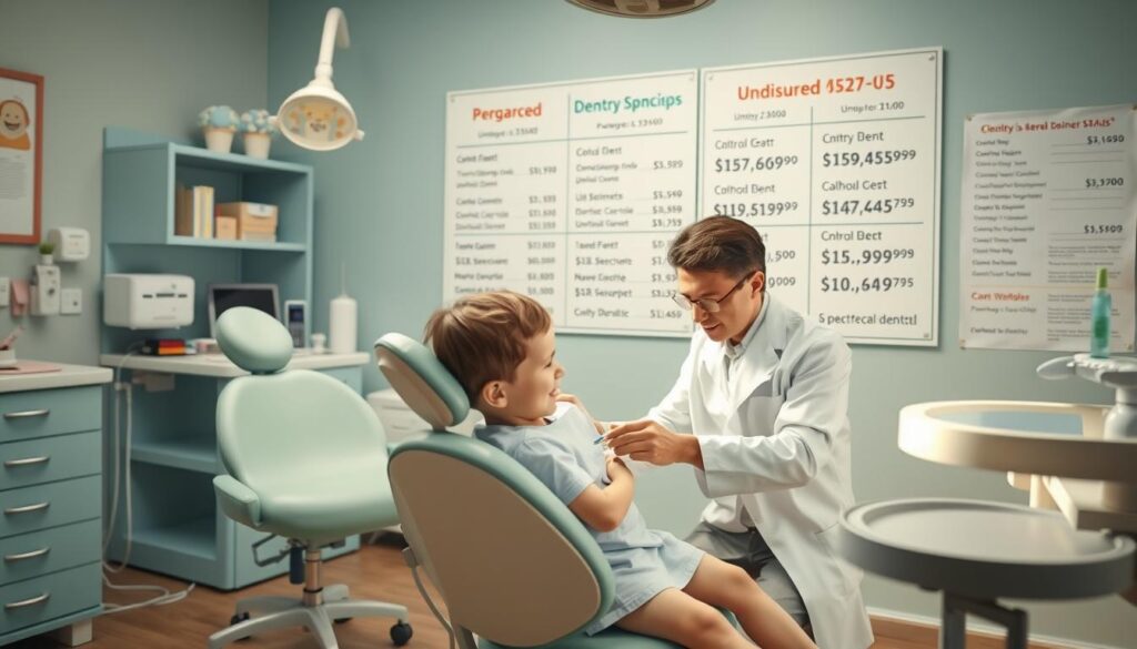 A pediatric dentist's office, warm and inviting, with a cheerful atmosphere. In the foreground, a young patient sits in an examination chair, surrounded by child-friendly décor and medical equipment. The dentist, clad in a crisp white coat, gently examines the patient's teeth, creating a sense of care and professionalism. In the background, a display showcases various dental procedures and their corresponding costs, providing a visual representation of the financial considerations for uninsured patients. The lighting is soft and natural, casting a soothing glow throughout the scene, and the overall composition conveys a sense of trust and reassurance for the child undergoing the dental visit.