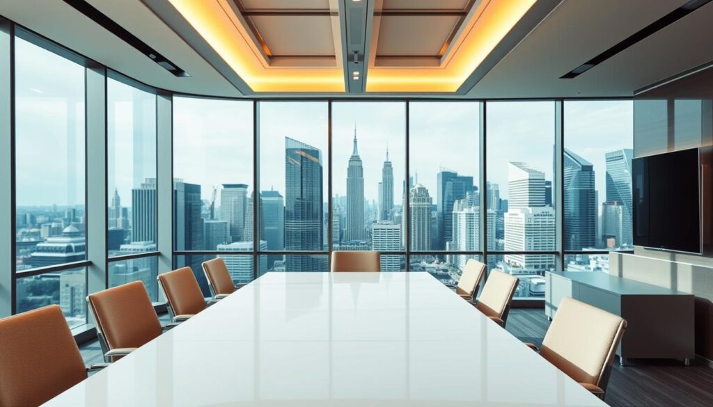A professional and modern office setting, with a large conference table in the foreground, surrounded by comfortable chairs. Overhead, a sleek and minimalist lighting system casts a warm glow, creating a welcoming atmosphere. In the background, floor-to-ceiling windows offer a panoramic view of a bustling city skyline, symbolizing the broad reach and comprehensive nature of the "Multiple Employer Trust Insurance" service. The scene conveys a sense of professionalism, security, and expertise, reflecting the tailored solutions promised by the insurance provider.