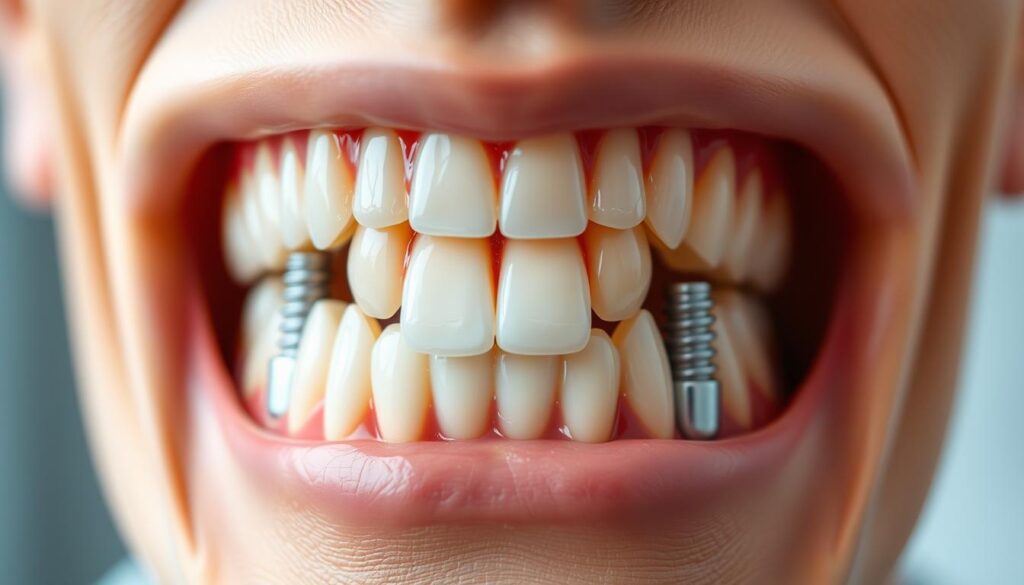 A realistic close-up of a fully reconstructed human mouth, showcasing the intricate details of dental implants, crowns, and other restorative work. The foreground features a carefully crafted set of upper and lower teeth, with a natural-looking gum line and lifelike textures. The middle ground includes a slight depth of field, highlighting the precision and craftsmanship of the dental work. The background is slightly blurred, creating a sense of focus on the mouth itself. The lighting is soft and evenly distributed, accentuating the sheen of the dental materials and the healthy appearance of the oral structures. The overall mood is one of professionalism, attention to detail, and the successful outcome of a comprehensive full mouth reconstruction.