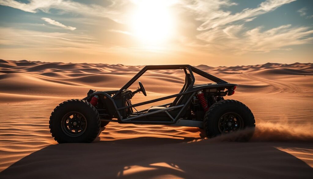 A rugged desert landscape, the sun casting long shadows across the dunes. In the foreground, a sleek, customized dune buggy, its fat tires kicking up clouds of sand. The buggy's frame is a mix of sturdy metal and lightweight composite materials, designed for both off-road performance and passenger safety. Overhead, a clear sky dotted with wispy cirrus clouds, illuminated by a warm, golden light. In the middle ground, a winding dirt road leading off into the distance, hinting at the thrilling adventures that await. The mood is one of excitement and freedom, tempered by the need for responsible preparation and adherence to insurance requirements.