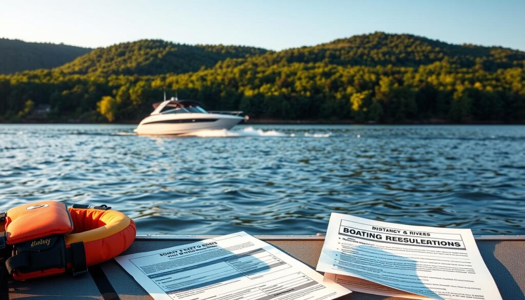 A serene Mississippi river landscape with a sleek white motorboat gliding across the calm waters. The boat's hull glistens in the warm afternoon sunlight, while behind it, lush green forests and rolling hills form the picturesque backdrop. In the foreground, a life jacket and a set of boating safety regulations lay on the dock, hinting at the importance of responsible boating practices. The scene conveys a sense of tranquility and balance, where the natural beauty of the environment is complemented by the presence of relevant safety and legal considerations.