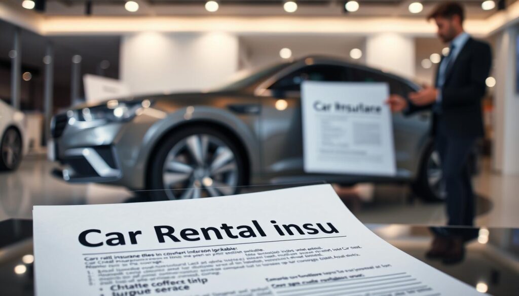 A sleek, modern car in a well-lit showroom, its exterior gleaming under carefully positioned spotlights. In the foreground, a transparent contract document with the words "Car Rental Insurance" prominently displayed, highlighting the key coverage details. The middle ground features a knowledgeable sales representative gesturing towards the contract, explaining the various protection plans available. In the background, a subtle reflection of the car's interior is visible, hinting at the comprehensive coverage offered. The overall mood is one of professionalism, trust, and attention to detail, conveying the importance of understanding car rental insurance basics.