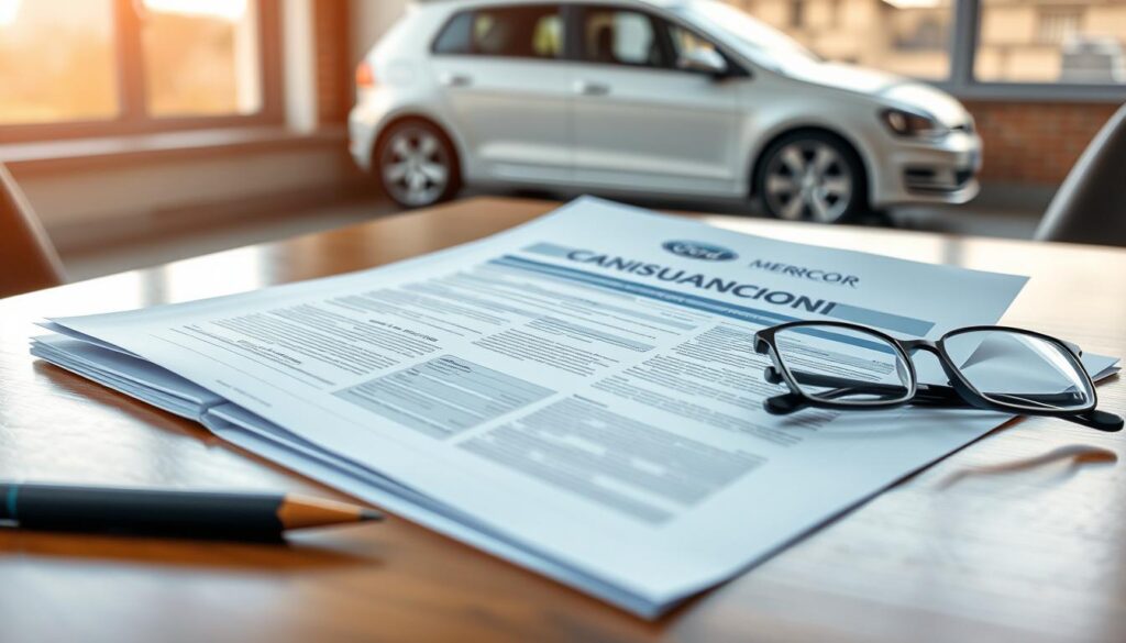 A sleek, modern car insurance policy document lies open on a polished wooden desk, its pages meticulously organized. Soft, natural lighting filters in through large windows, casting a warm glow on the scene. In the foreground, a pen and a pair of reading glasses rest next to the document, hinting at the careful attention to detail required when reviewing one's coverage. The background features a blurred image of a well-maintained vehicle, symbolizing the reliable protection Mercer Car Insurance provides. The overall composition conveys a sense of professionalism, security, and the importance of comprehensive automotive coverage.